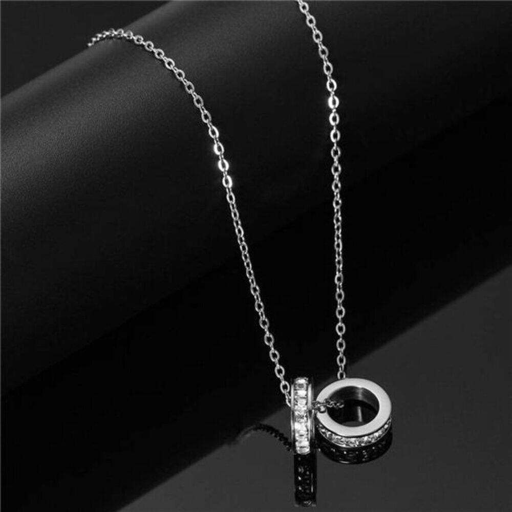 Stainless Steel 2 Eternity Rings Charm Statement Wedding Party Pendant Necklace